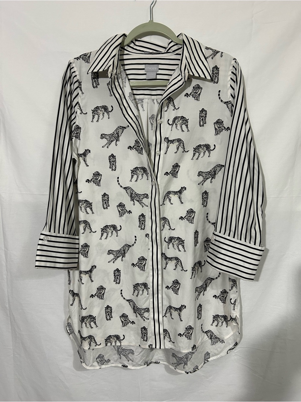 Chico's White and Black Striped Animal-Print No Iron Stretch Button Down Shirt